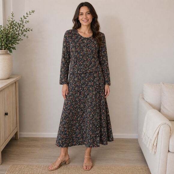 First Option Dresses & Skirts - Vintage 80s 90s Floral 2pc Set Button Top & Midi Skirt Side Buttons